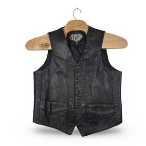 Diamond Leather Vest Mens Size‎ 44 Black Biker Motorcycle Western Snap Front VTG
